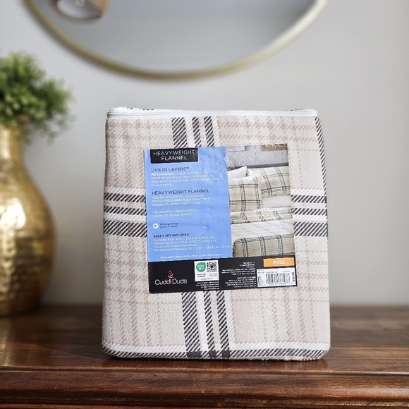 🛏️ Cuddl Duds Heavyweight Flannel 100% Cotton Sheet Set Full Size Neutral Plaid - Picture 2 of 8